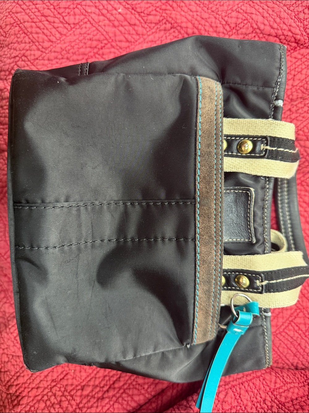 Coach Black Nylon Tote with Tan Straps and Turquoise Charm